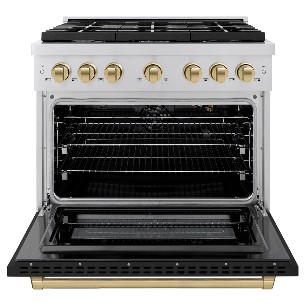 zline-autograph-edition-36-in-paramount-dual-fuel-range-5-2-cu-ft-with-6-gas-burners-electric-convection-oven-stainless-steel-with-black-matte-door-and-champagne-bronze-accents-sdrz-blm-36-cb