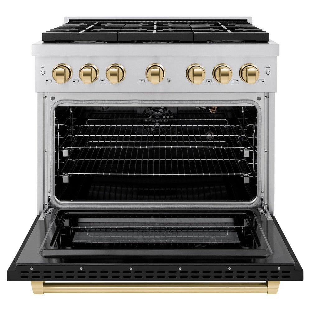 zline-autograph-edition-36-in-paramount-dual-fuel-range-5-2-cu-ft-with-6-gas-burners-electric-convection-oven-stainless-steel-with-black-matte-door-polished-gold-accents-sdrz-blm-36-g