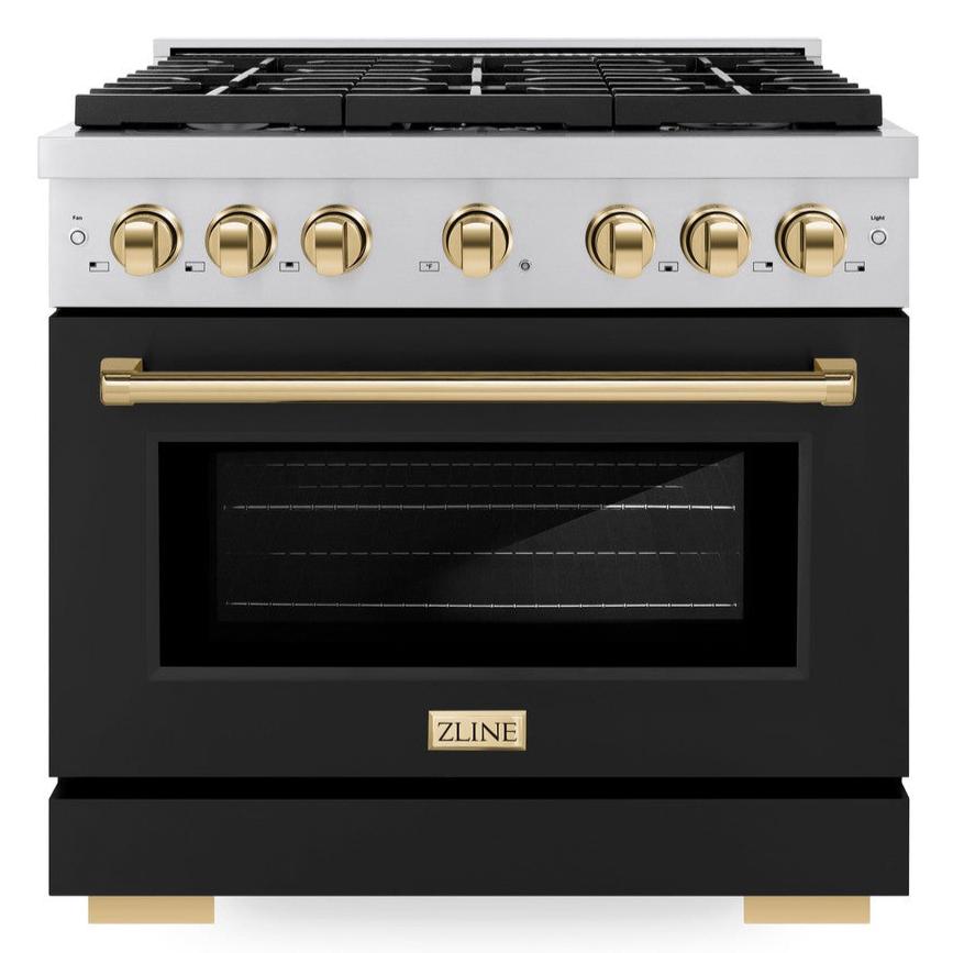 zline-autograph-edition-36-in-paramount-dual-fuel-range-5-2-cu-ft-with-6-gas-burners-electric-convection-oven-stainless-steel-with-black-matte-door-polished-gold-accents-sdrz-blm-36-g