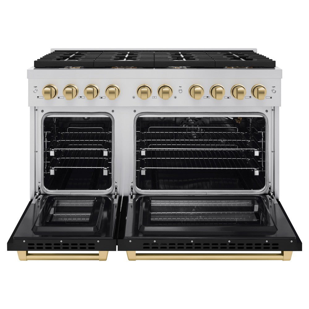 zline-autograph-edition-48-in-paramount-double-oven-dual-fuel-range-with-8-gas-burners-6-7-cu-ft-black-matte-doors-champagne-bronze-accents-sdrz-blm-48-cb