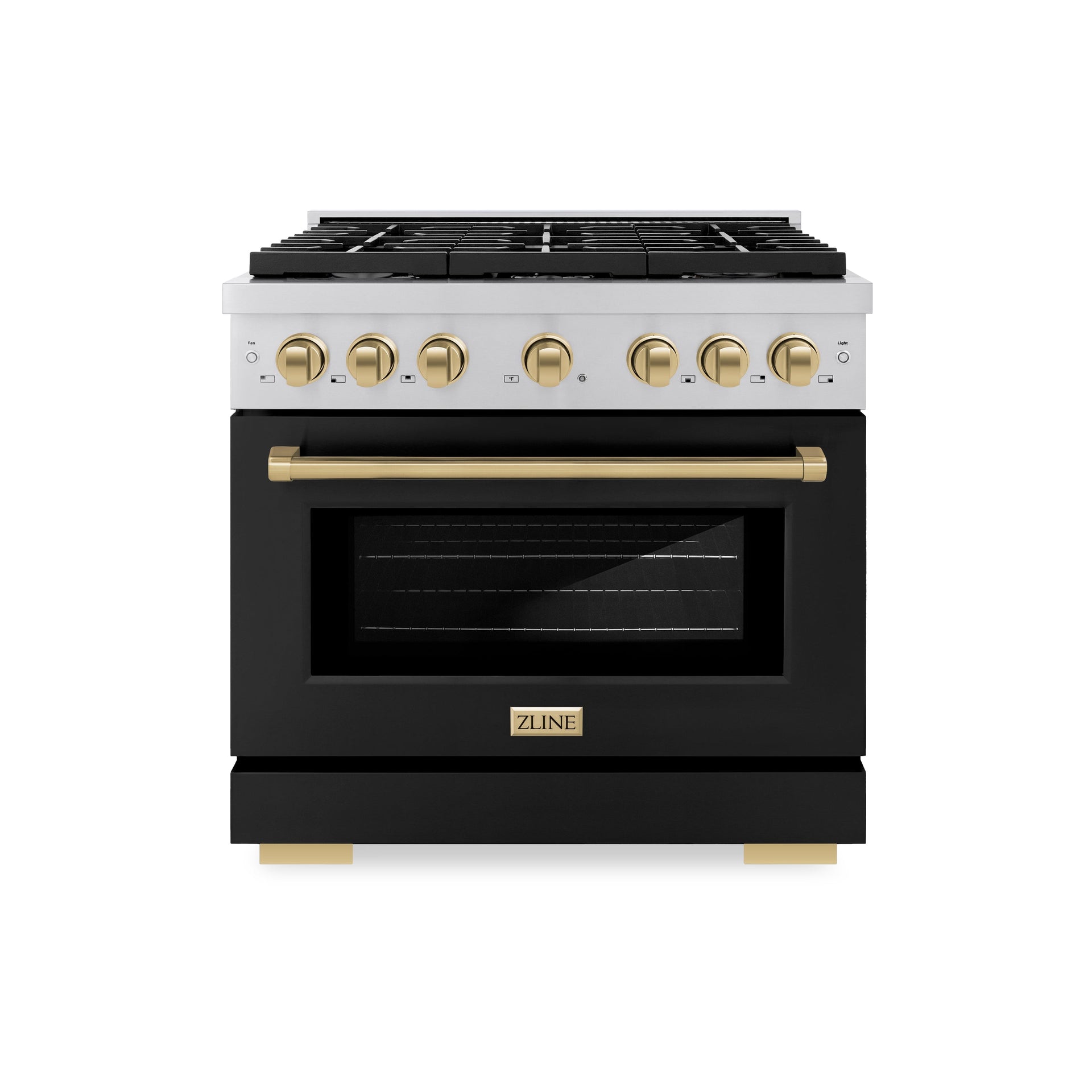 zline-autograph-edition-36-in-5-2-cu-ft-paramount-gas-range-with-convection-oven-stainless-steel-with-black-matte-door-and-champagne-bronze-accents-sgrz-blm-36-cb