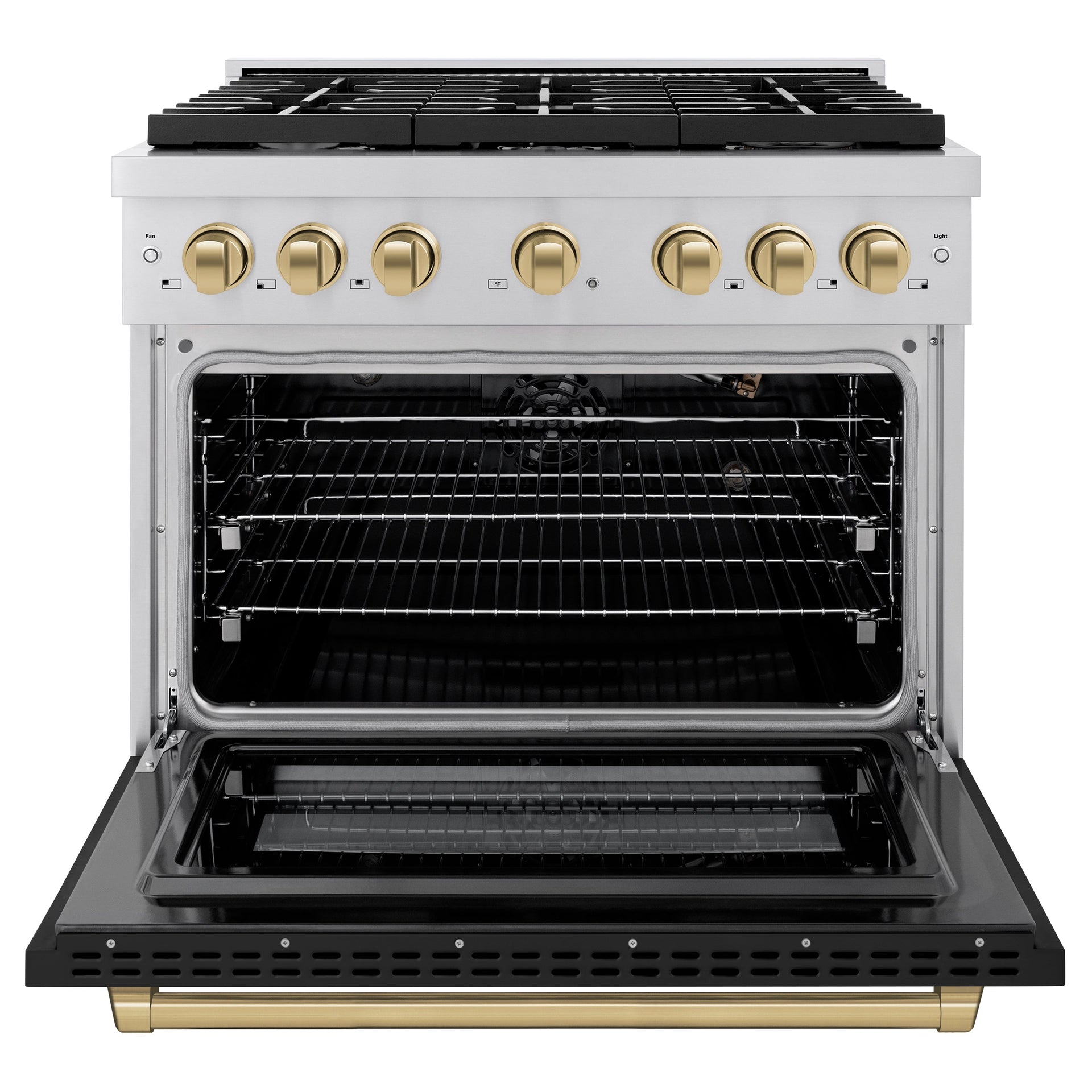 zline-autograph-edition-36-in-5-2-cu-ft-paramount-gas-range-with-convection-oven-stainless-steel-with-black-matte-door-and-champagne-bronze-accents-sgrz-blm-36-cb