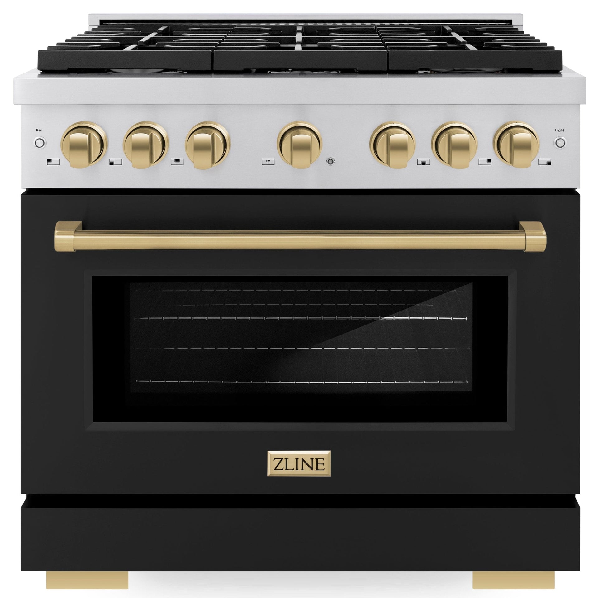 zline-autograph-edition-36-in-5-2-cu-ft-paramount-gas-range-with-convection-oven-stainless-steel-with-black-matte-door-and-champagne-bronze-accents-sgrz-blm-36-cb