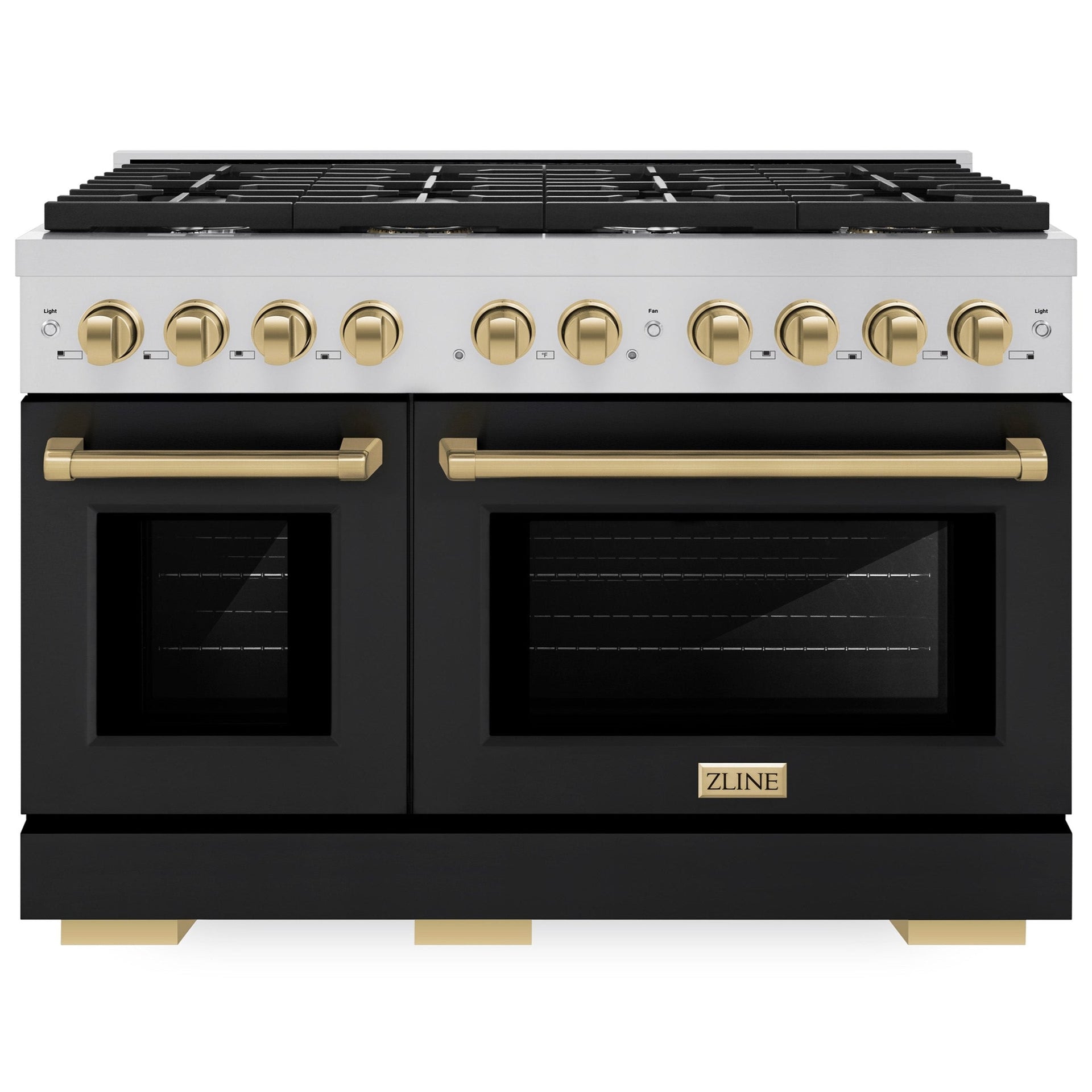 zline-autograph-48-in-6-7-cu-ft-paramount-double-oven-gas-range-with-8-burners-in-stainless-steel-with-black-matte-doors-and-champagne-bronze-accents-sgrz-blm-48-cb