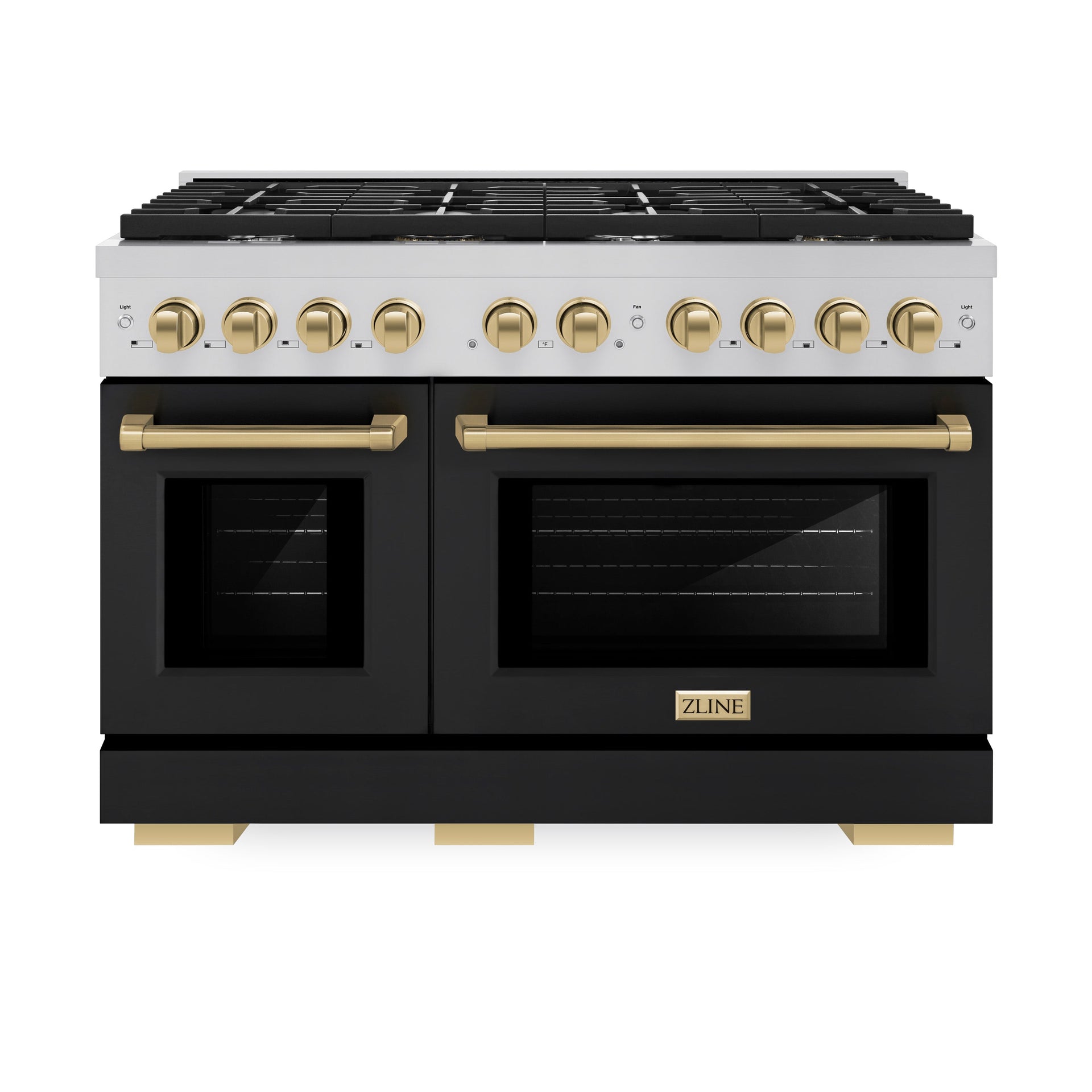 zline-autograph-48-in-6-7-cu-ft-paramount-double-oven-gas-range-with-8-burners-in-stainless-steel-with-black-matte-doors-and-champagne-bronze-accents-sgrz-blm-48-cb