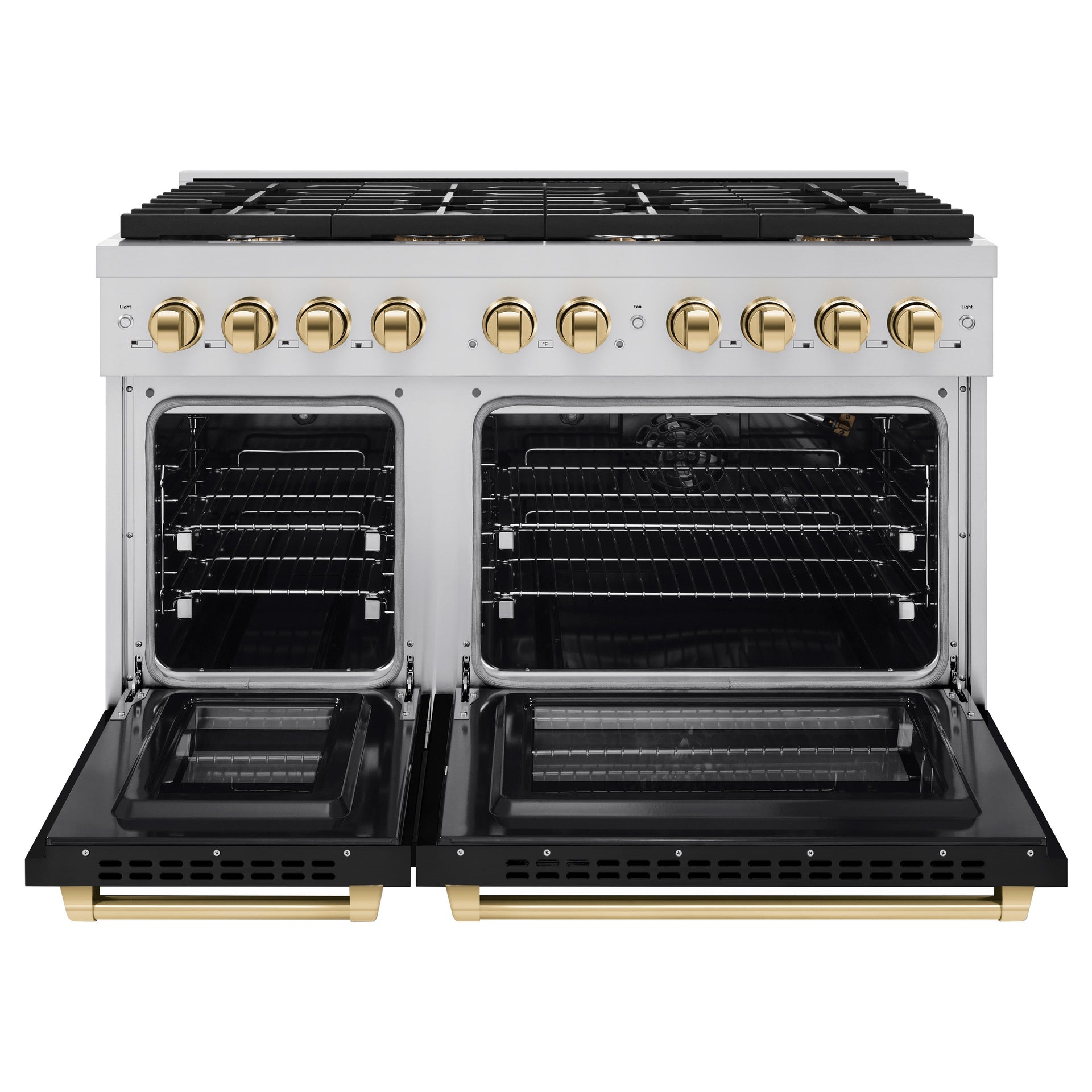 zline-autograph-48-in-6-7-cu-ft-paramount-double-oven-gas-range-with-8-burners-in-stainless-steel-with-black-matte-doors-and-polished-gold-accents-sgrz-blm-48-g