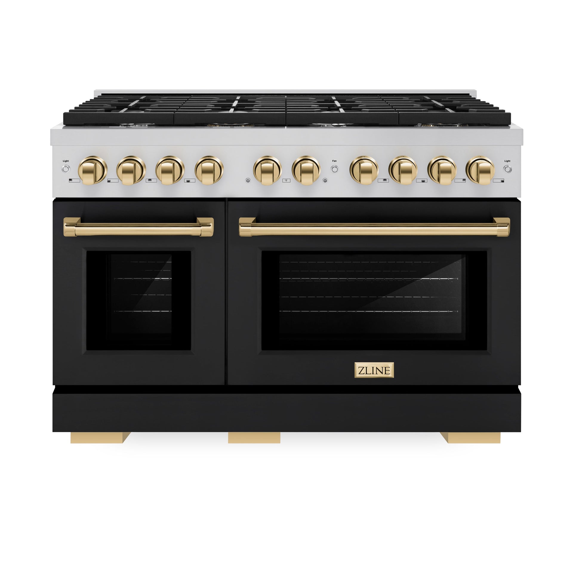 zline-autograph-48-in-6-7-cu-ft-paramount-double-oven-gas-range-with-8-burners-in-stainless-steel-with-black-matte-doors-and-polished-gold-accents-sgrz-blm-48-g