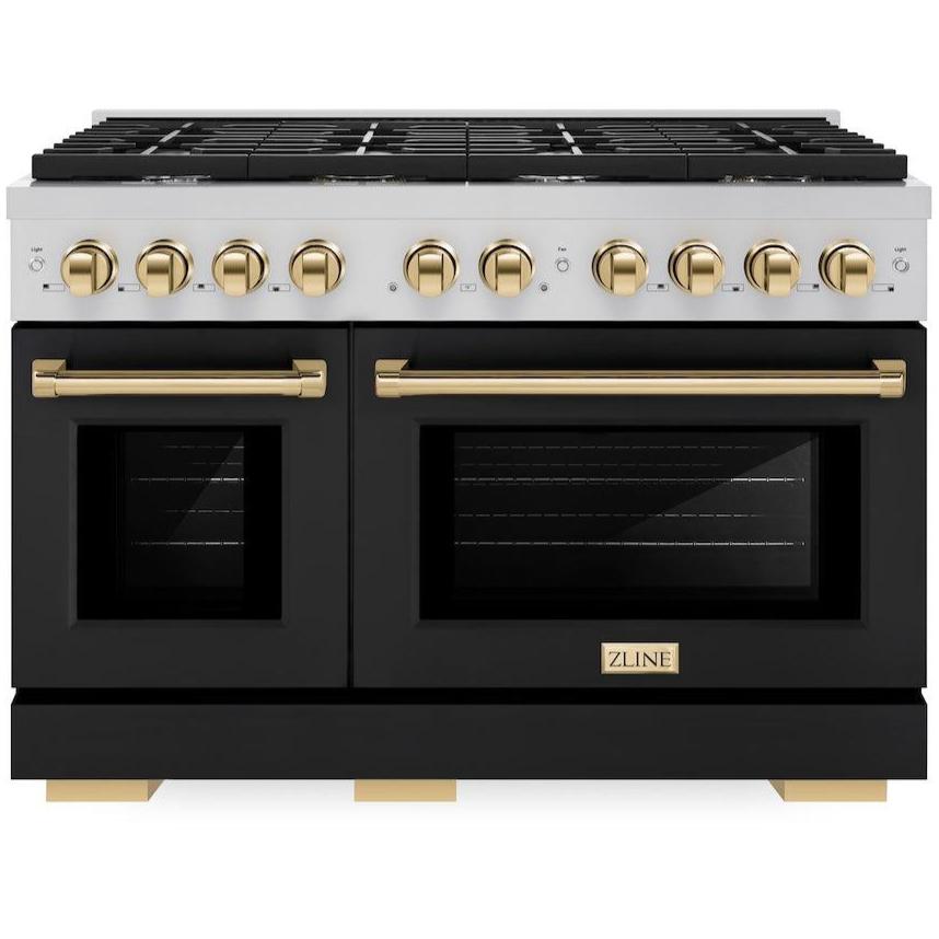 zline-autograph-48-in-6-7-cu-ft-paramount-double-oven-gas-range-with-8-burners-in-stainless-steel-with-black-matte-doors-and-polished-gold-accents-sgrz-blm-48-g