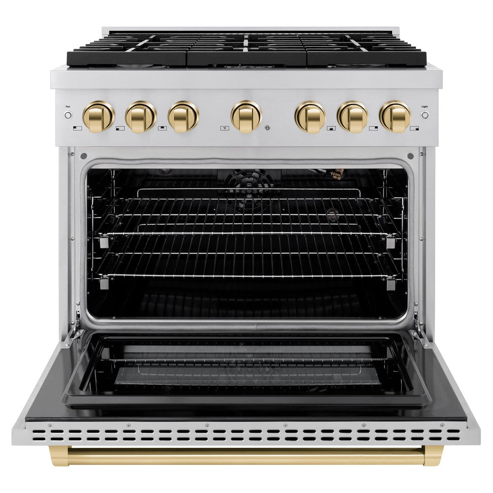 zline-autograph-edition-36-in-dual-fuel-range-with-6-gas-burners-and-electric-convection-oven-5-2-cu-ft-stainless-steel-with-polished-gold-accents-sdrz-36-g