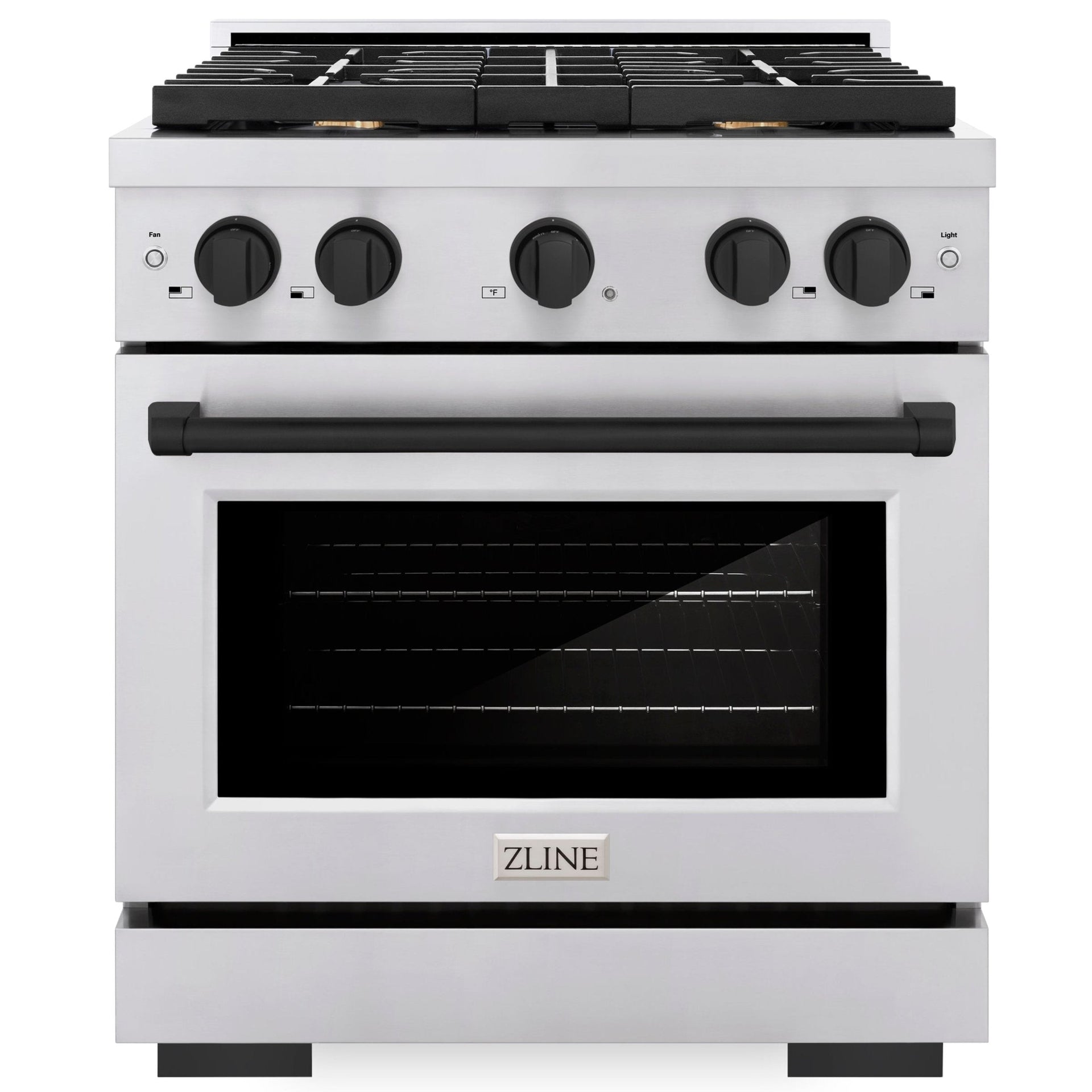 zline-autograph-edition-30-in-4-2-cu-ft-paramount-gas-range-with-4-burner-cooktop-and-convection-gas-oven-in-stainless-steel-with-matte-black-accents-sgrz-30-mb