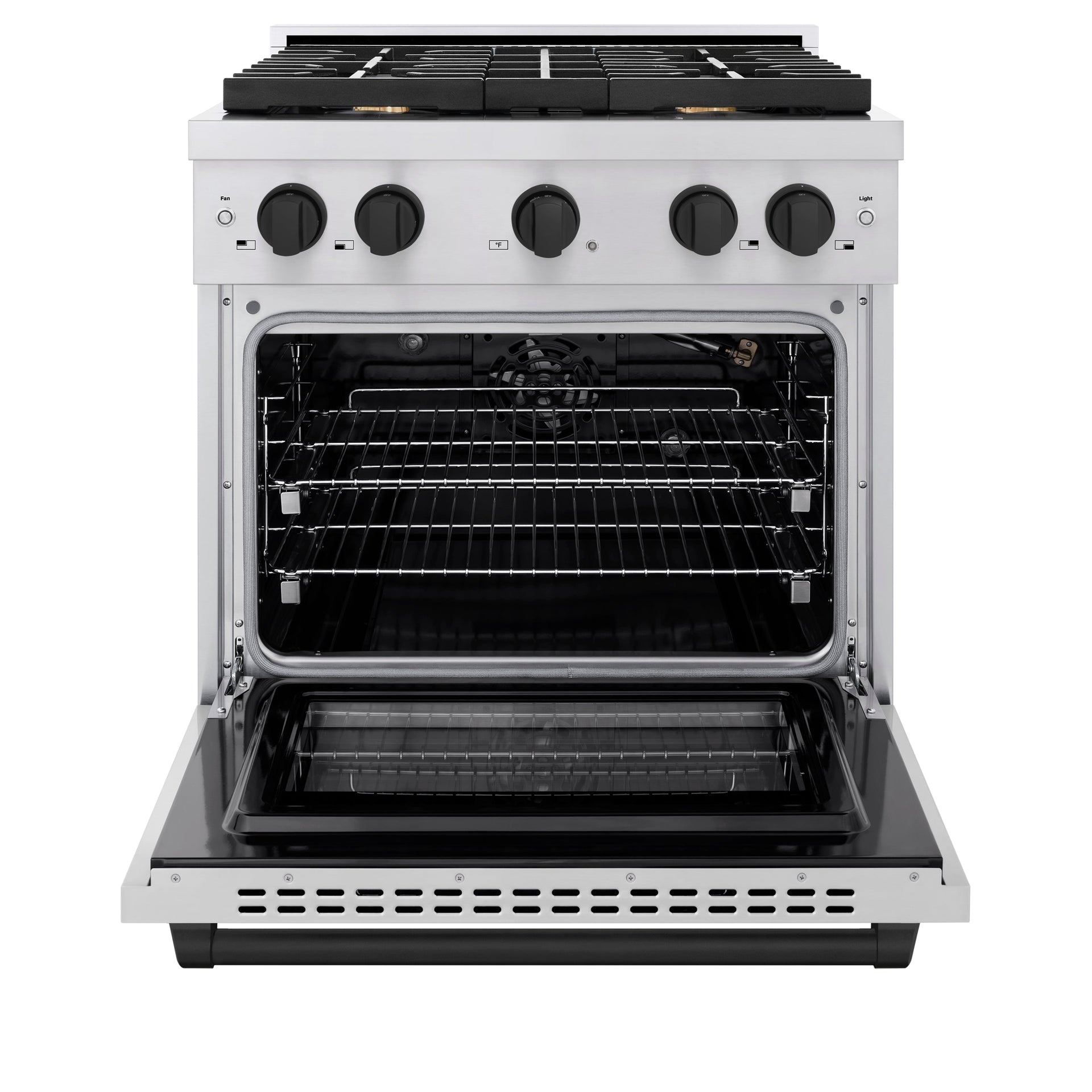 zline-autograph-edition-30-in-4-2-cu-ft-paramount-gas-range-with-4-burner-cooktop-and-convection-gas-oven-in-stainless-steel-with-matte-black-accents-sgrz-30-mb