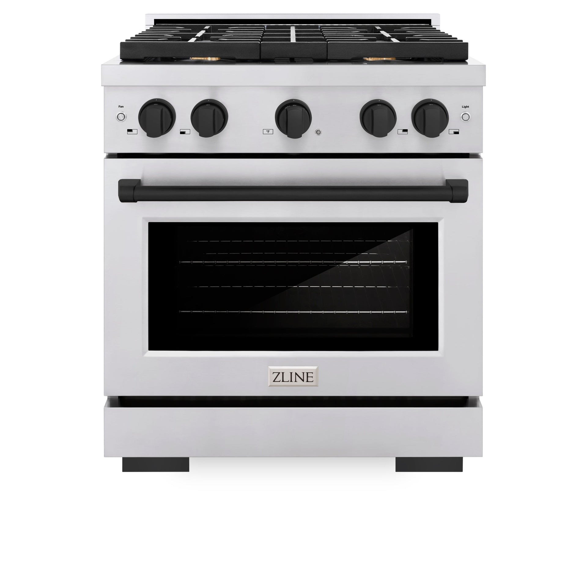 zline-autograph-edition-30-in-4-2-cu-ft-paramount-gas-range-with-4-burner-cooktop-and-convection-gas-oven-in-stainless-steel-with-matte-black-accents-sgrz-30-mb