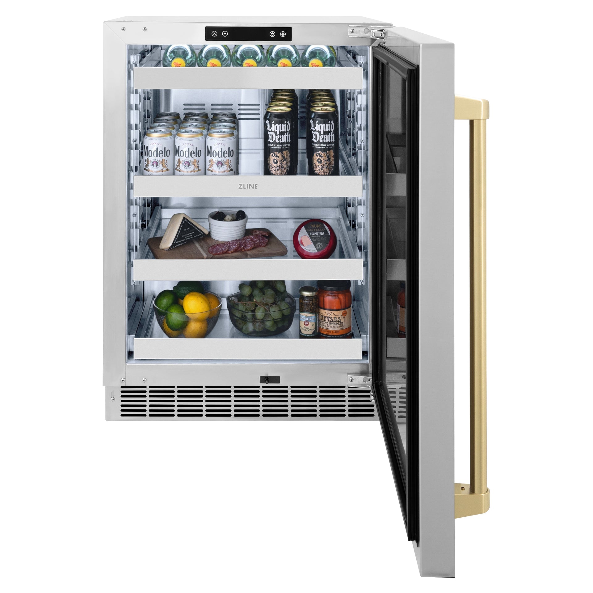 zline-autograph-24-touchstone-151-can-beverage-fridge-with-solid-stainless-steel-door-and-champagne-bronze-handle-rbsoz-st-24-cb