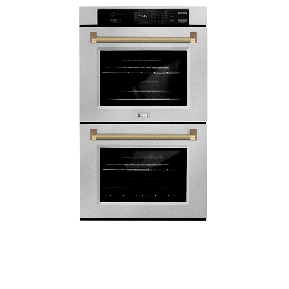 zline-autograph-30-professional-true-convection-double-wall-oven-with-air-fry-and-self-clean-in-satin-stainless-steel-with-champagne-bronze-helix-handles-wadsz-30-kcb