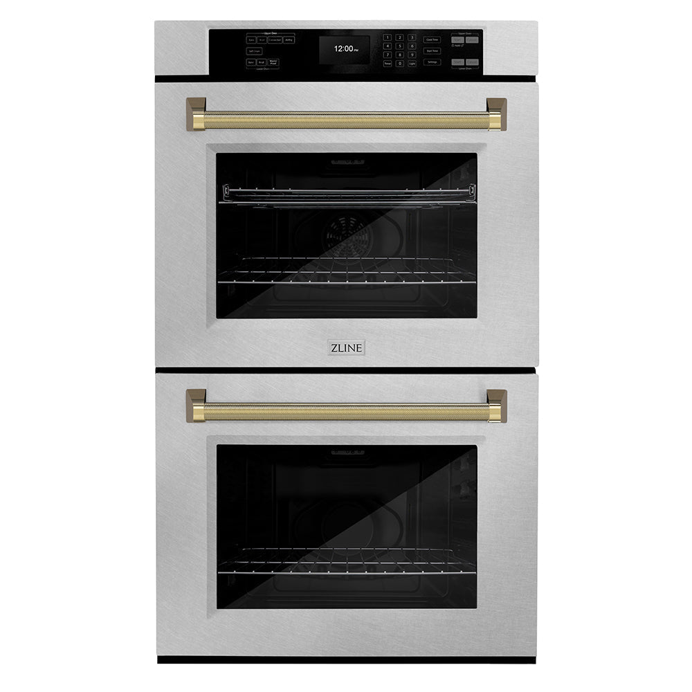 zline-autograph-30-professional-true-convection-double-wall-oven-with-air-fry-and-self-clean-in-satin-stainless-steel-with-polished-gold-helix-handles-wadsz-30-kg