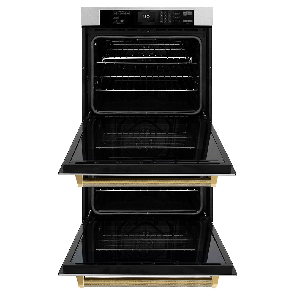 zline-autograph-30-professional-true-convection-double-wall-oven-with-air-fry-and-self-clean-in-satin-stainless-steel-with-polished-gold-helix-handles-wadsz-30-kg