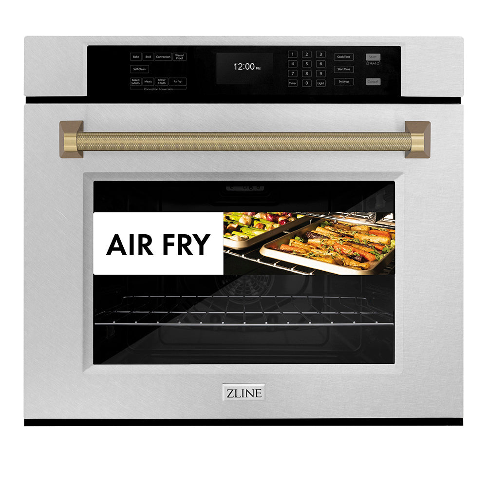 zline-autograph-30-professional-true-convection-single-wall-oven-with-air-fry-and-self-clean-in-satin-stainless-steel-with-champagne-bronze-helix-handle-wassz-30-kcb