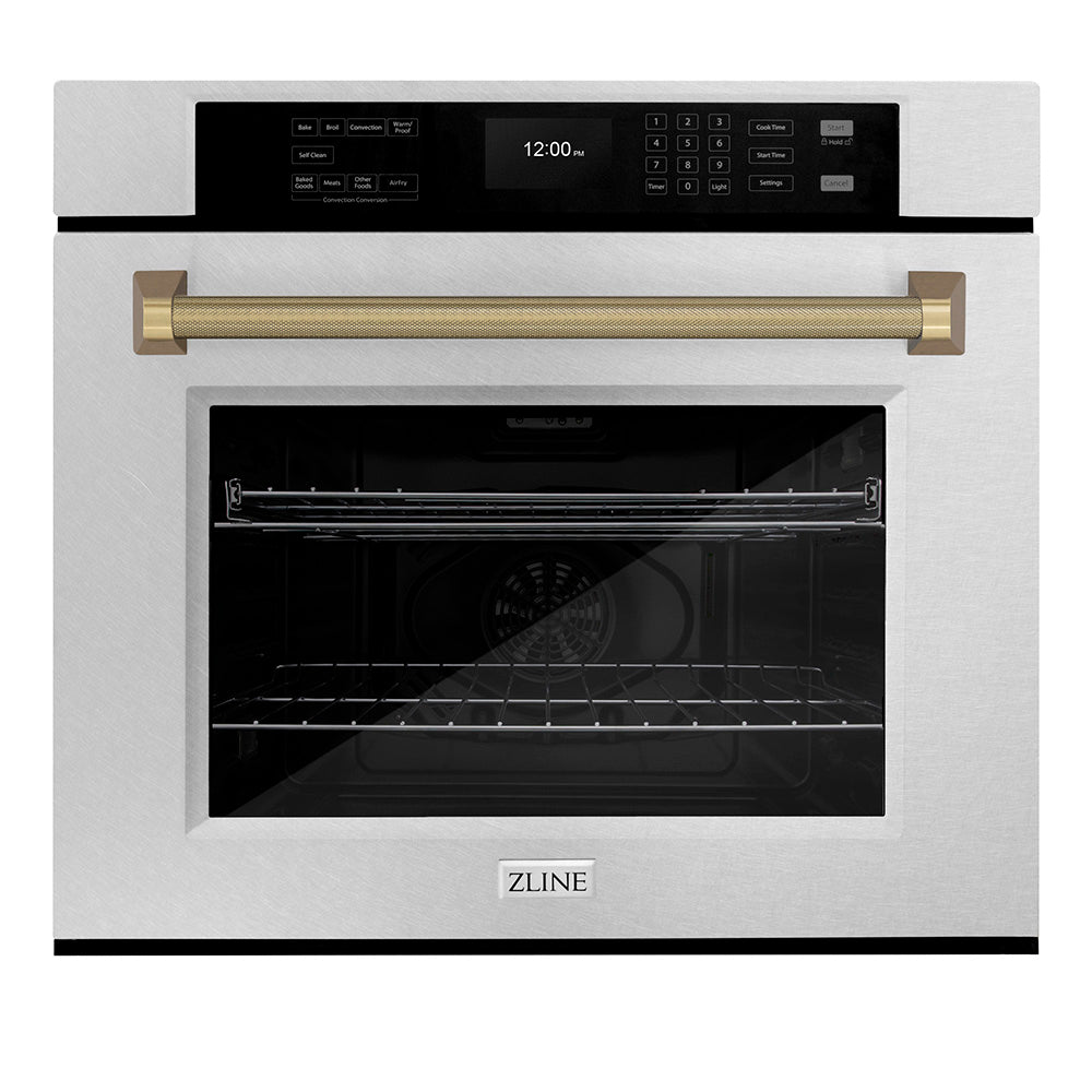 zline-autograph-30-professional-true-convection-single-wall-oven-with-air-fry-and-self-clean-in-satin-stainless-steel-with-champagne-bronze-helix-handle-wassz-30-kcb