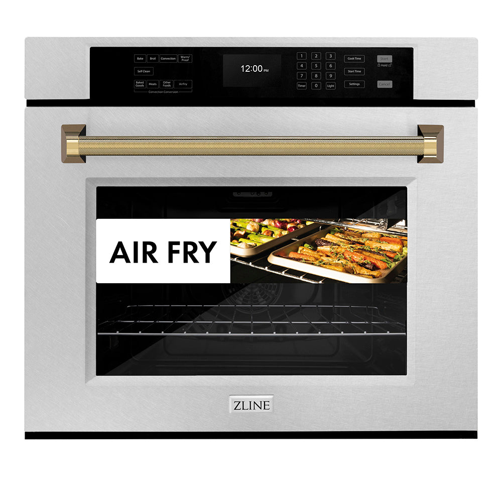 zline-autograph-30-professional-true-convection-single-wall-oven-with-air-fry-and-self-clean-in-satin-stainless-steel-with-polished-gold-helix-handle-wassz-30-kg