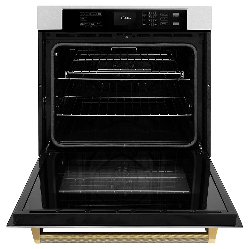 zline-autograph-30-professional-true-convection-single-wall-oven-with-air-fry-and-self-clean-in-satin-stainless-steel-with-polished-gold-helix-handle-wassz-30-kg