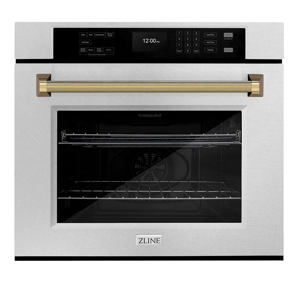 zline-autograph-30-professional-true-convection-single-wall-oven-with-air-fry-and-self-clean-in-satin-stainless-steel-with-polished-gold-helix-handle-wassz-30-kg