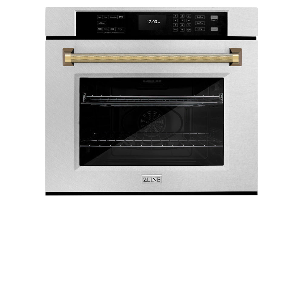 zline-autograph-30-professional-true-convection-single-wall-oven-with-air-fry-and-self-clean-in-satin-stainless-steel-with-polished-gold-helix-handle-wassz-30-kg