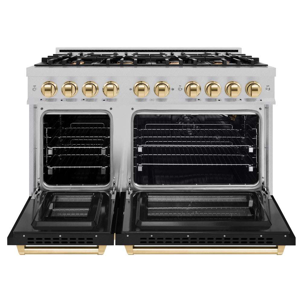 zline-48-in-gas-range-double-oven-6-7-cu-ft-8-burners-satin-stainless-steel-with-black-matte-doors-polished-gold-accents-hgrsz-blm-48-g