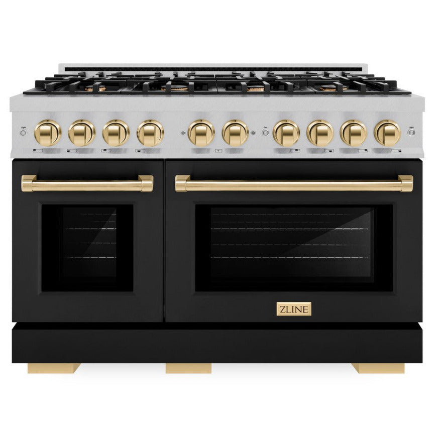 zline-48-in-gas-range-double-oven-6-7-cu-ft-8-burners-satin-stainless-steel-with-black-matte-doors-polished-gold-accents-hgrsz-blm-48-g
