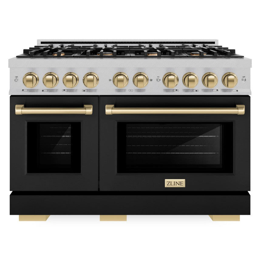 zline-48-in-dual-fuel-range-double-oven-6-7-cu-ft-8-gas-burners-satin-stainless-steel-black-matte-doors-champagne-bronze-accents-hdrsz-blm-48-cb