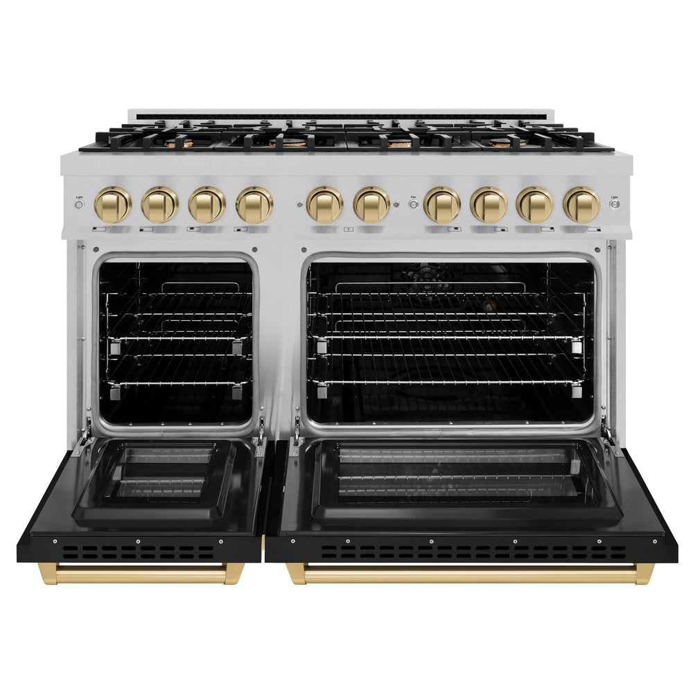 zline-48-in-dual-fuel-range-double-oven-6-7-cu-ft-8-gas-burners-satin-stainless-steel-black-matte-doors-champagne-bronze-accents-hdrsz-blm-48-cb