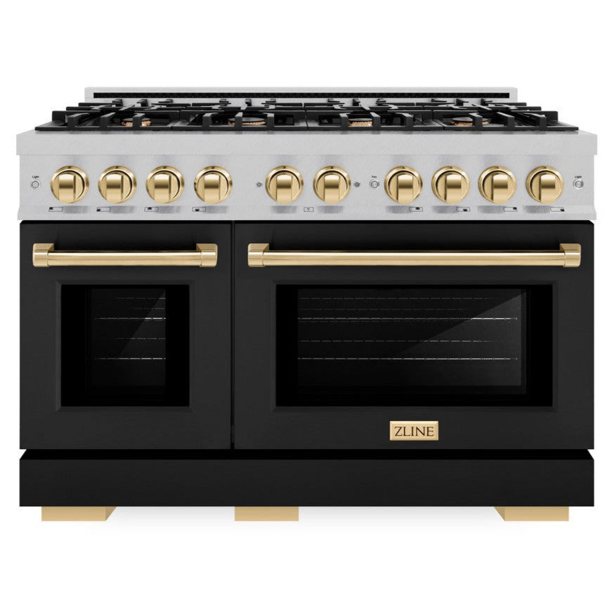 zline-48-in-dual-fuel-range-double-oven-6-7-cu-ft-8-gas-burners-satin-stainless-steel-with-black-matte-doors-polished-gold-accents-hdrsz-blm-48-g