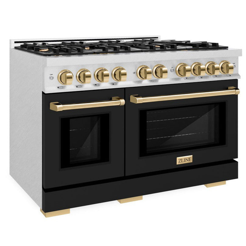 zline-48-in-dual-fuel-range-double-oven-6-7-cu-ft-8-gas-burners-satin-stainless-steel-with-black-matte-doors-polished-gold-accents-hdrsz-blm-48-g