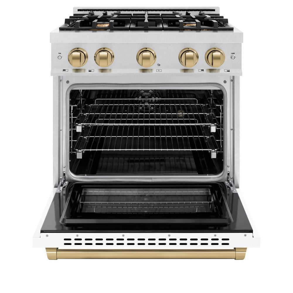zline-autograph-edition-30-in-dual-fuel-range-4-burners-gas-cooktop-electric-convection-oven-satin-stainless-steel-with-white-matte-door-and-champagne-bronze-accents-hdrsz-wm-30-cb