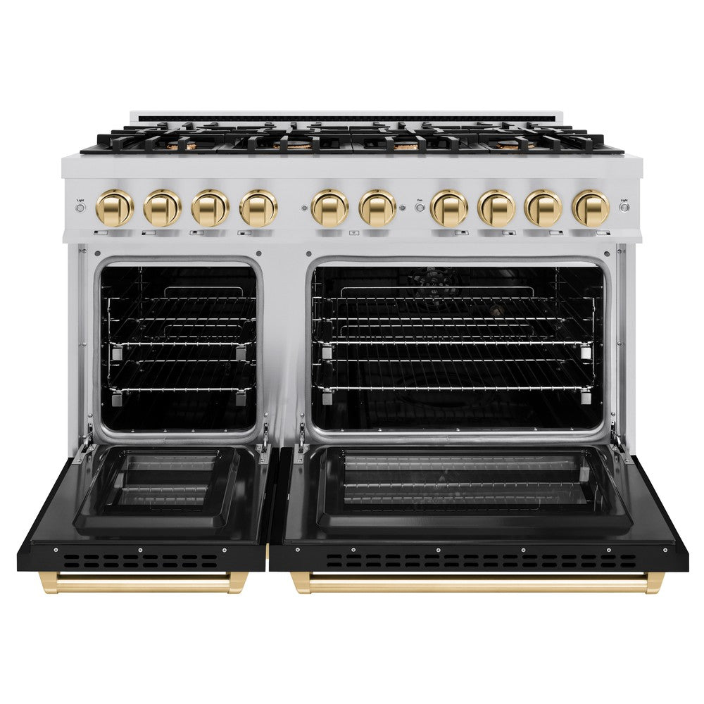 zline-48-in-dual-fuel-range-double-oven-6-7-cu-ft-8-burners-stainless-steel-black-matte-doors-polished-gold-accents-hdrz-blm-48-g