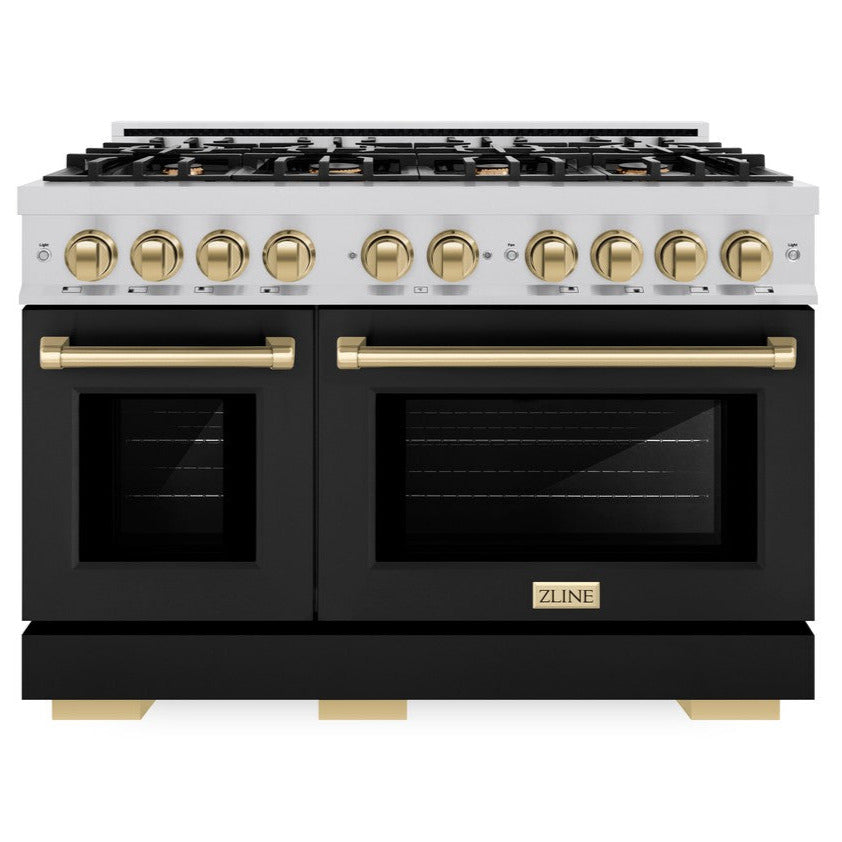 zline-48-in-gas-range-double-oven-6-7-cu-ft-8-burner-stainless-steel-with-black-matte-doors-champagne-bronze-accents-hgrz-blm-48-cb
