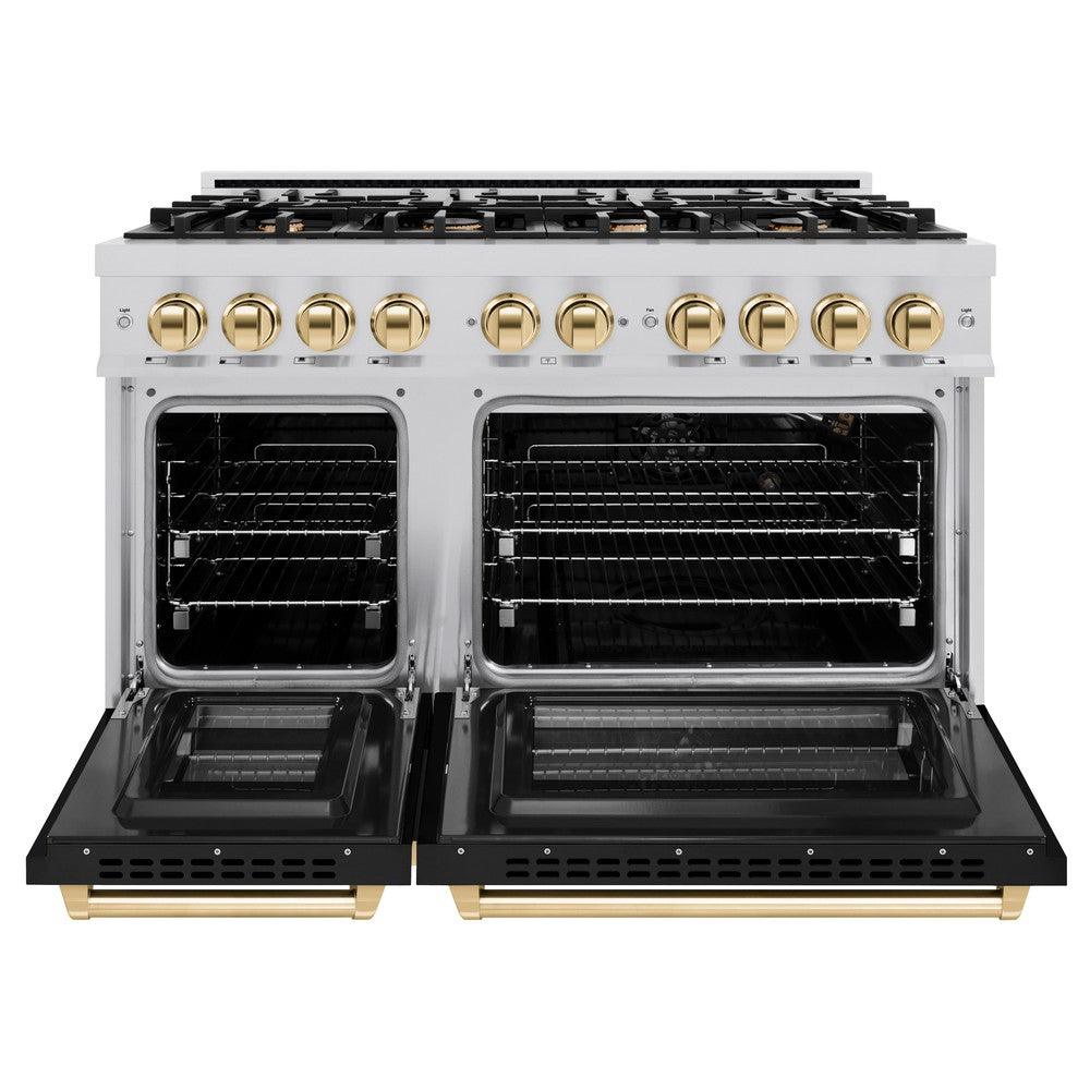 zline-48-in-double-oven-gas-range-6-7-cu-ft-8-burner-cooktop-stainless-steel-with-black-matte-doors-polished-gold-accents-hgrz-blm-48-g