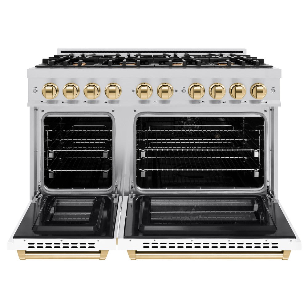zline-autograph-edition-48-in-select-double-oven-dual-fuel-range-6-7-cu-ft-8-burner-gas-cooktop-electric-convection-ovens-stainless-steel-with-white-matte-doors-polished-gold-accents-hdrz-wm-48-g