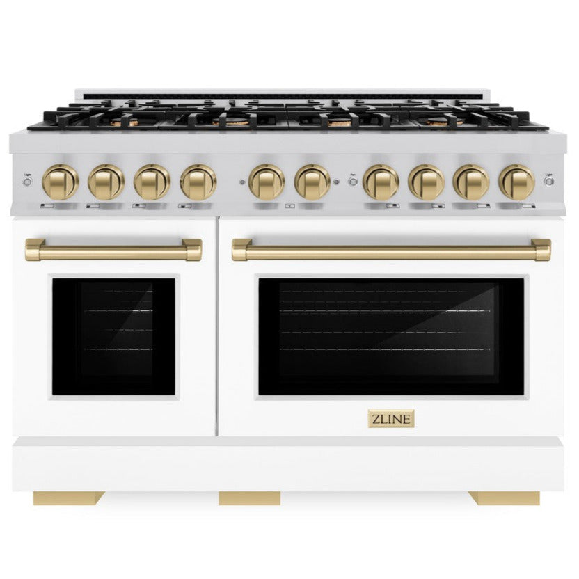 zline-48-in-gas-range-double-oven-6-7-cu-ft-8-burners-stainless-steel-white-matte-doors-champagne-bronze-accents-hgrz-wm-48-cb
