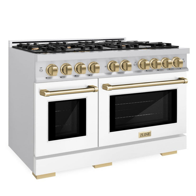 zline-48-in-gas-range-double-oven-6-7-cu-ft-8-burners-stainless-steel-white-matte-doors-champagne-bronze-accents-hgrz-wm-48-cb