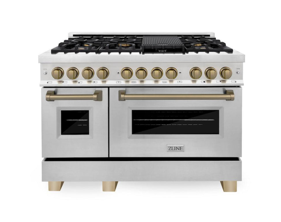 zline-autograph-edition-48-in-dual-fuel-range-6-0-cu-ft-oven-stainless-steel-with-champagne-bronze-accents-model-raz-48-cb