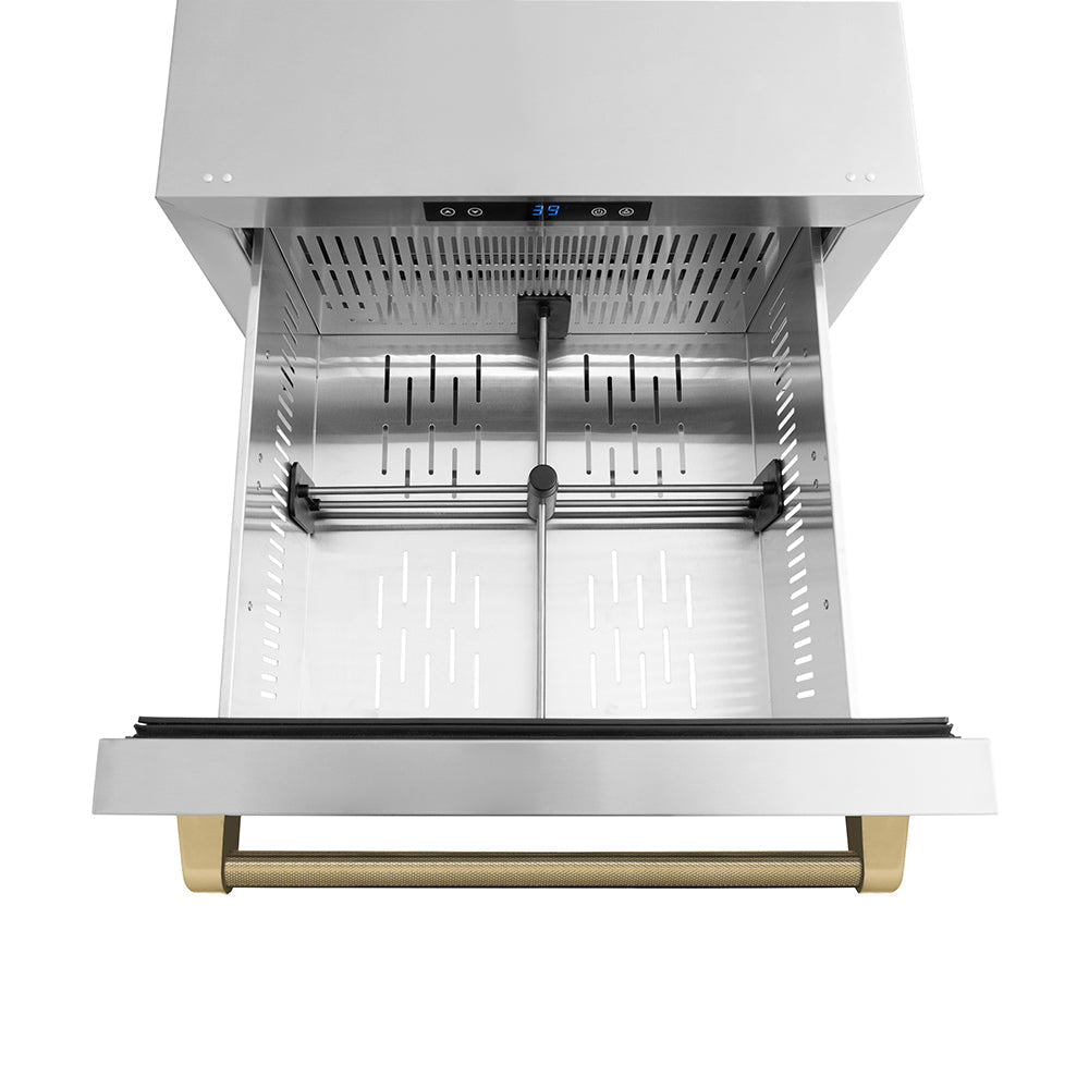 zline-24-inch-dual-refrigerator-drawer-168-can-capacity-outdoor-rated-stainless-steel-doors-champagne-bronze-helix-handles-rdsoz-st-24-kcb