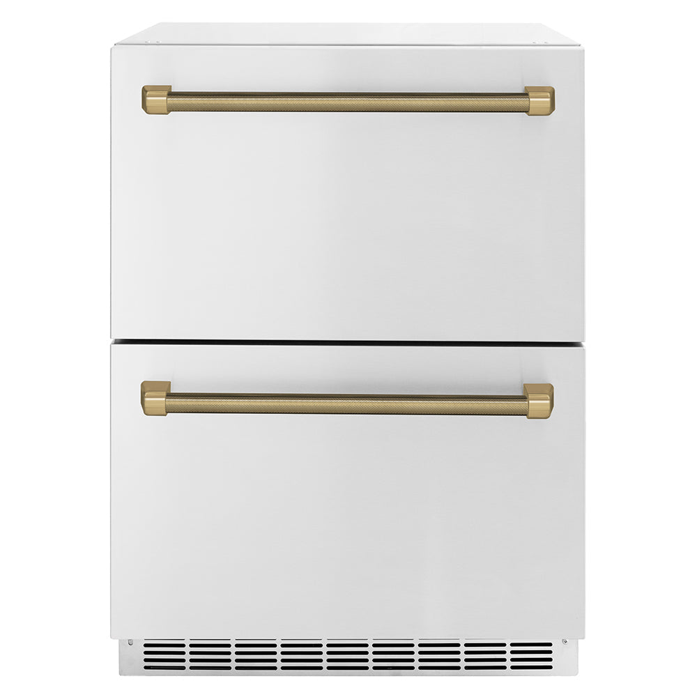 zline-24-inch-dual-refrigerator-drawer-168-can-capacity-outdoor-rated-stainless-steel-doors-champagne-bronze-helix-handles-rdsoz-st-24-kcb