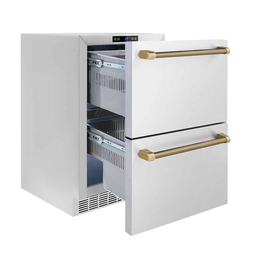 zline-24-inch-dual-refrigerator-drawer-168-can-capacity-outdoor-rated-stainless-steel-doors-champagne-bronze-helix-handles-rdsoz-st-24-kcb