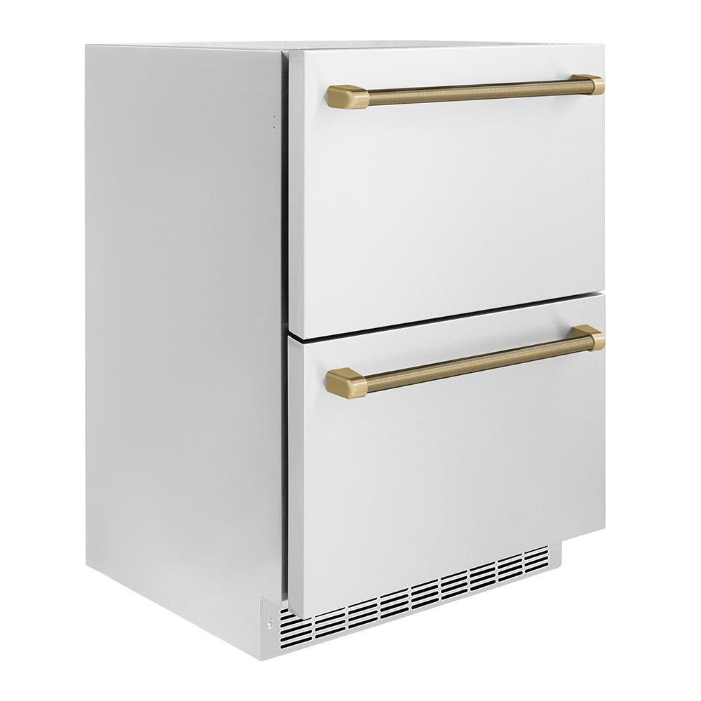 zline-24-inch-dual-refrigerator-drawer-168-can-capacity-outdoor-rated-stainless-steel-doors-champagne-bronze-helix-handles-rdsoz-st-24-kcb