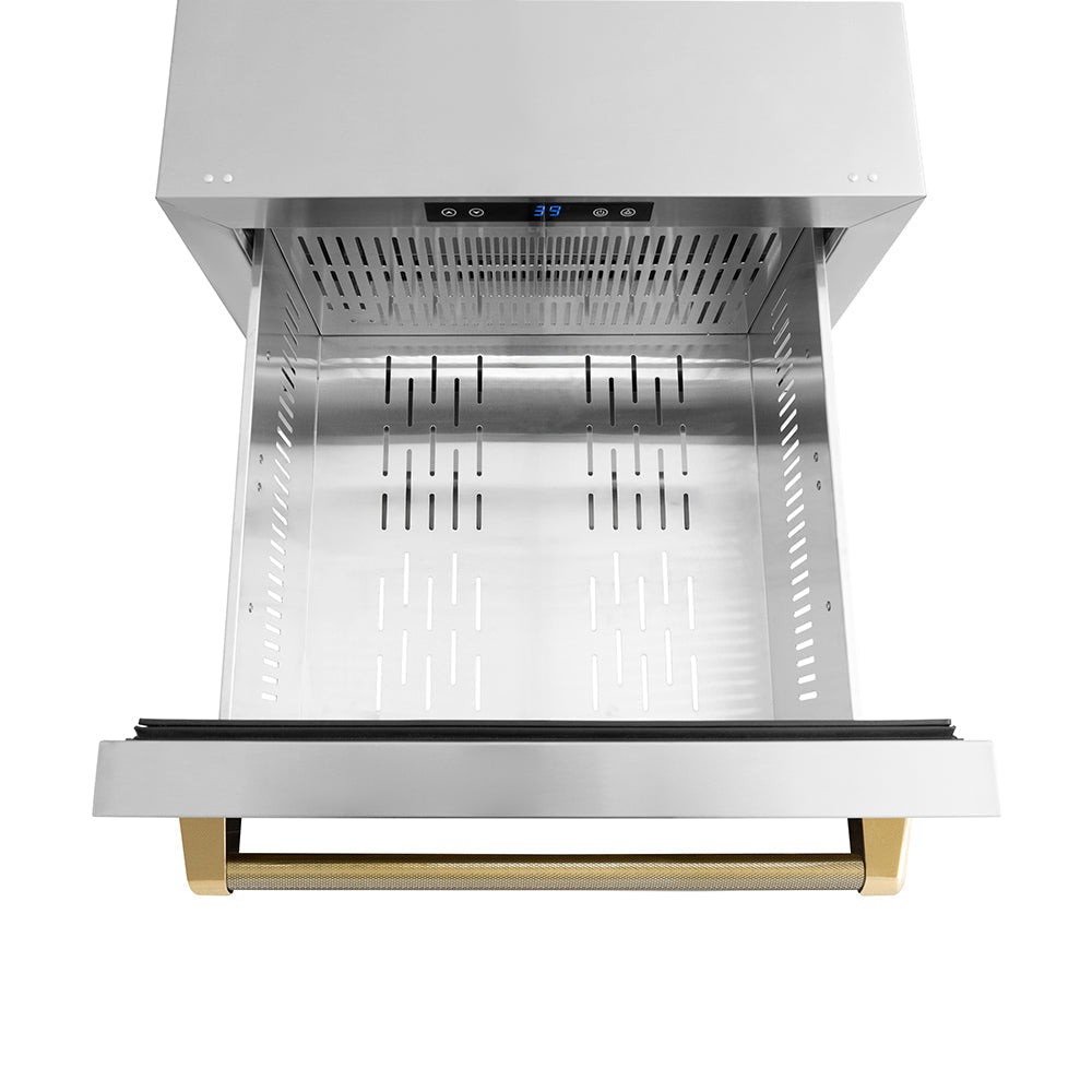 zline-24-in-outdoor-dual-refrigerator-drawer-168-can-capacity-stainless-steel-doors-polished-gold-helix-handles-rdsoz-st-24-kg
