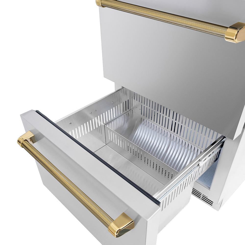 zline-24-in-outdoor-dual-refrigerator-drawer-168-can-capacity-stainless-steel-doors-polished-gold-helix-handles-rdsoz-st-24-kg