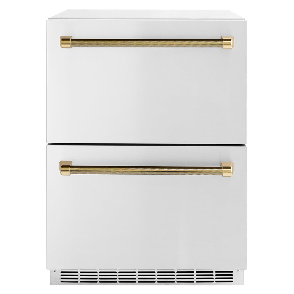 zline-24-in-outdoor-dual-refrigerator-drawer-168-can-capacity-stainless-steel-doors-polished-gold-helix-handles-rdsoz-st-24-kg