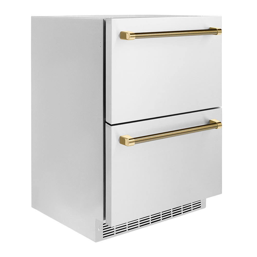 zline-24-in-outdoor-dual-refrigerator-drawer-168-can-capacity-stainless-steel-doors-polished-gold-helix-handles-rdsoz-st-24-kg