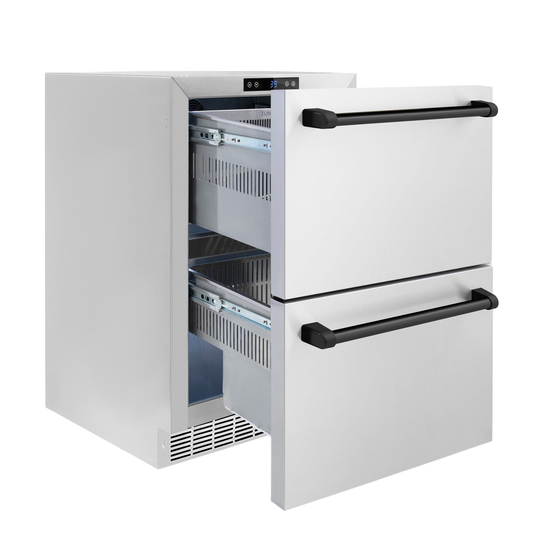 zline-24-in-refrigerator-drawer-4-6-cu-ft-168-can-capacity-outdoor-rated-stainless-steel-matte-black-handles-rdsoz-st-24-mb