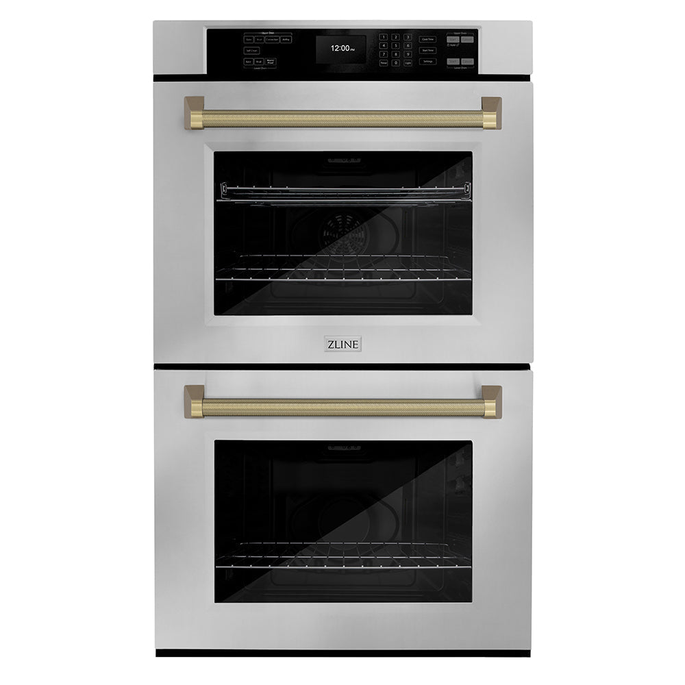 zline-autograph-30-professional-true-convection-double-wall-oven-with-air-fry-and-self-clean-in-stainless-steel-with-champagne-bronze-helix-handles-wadz-30-kcb